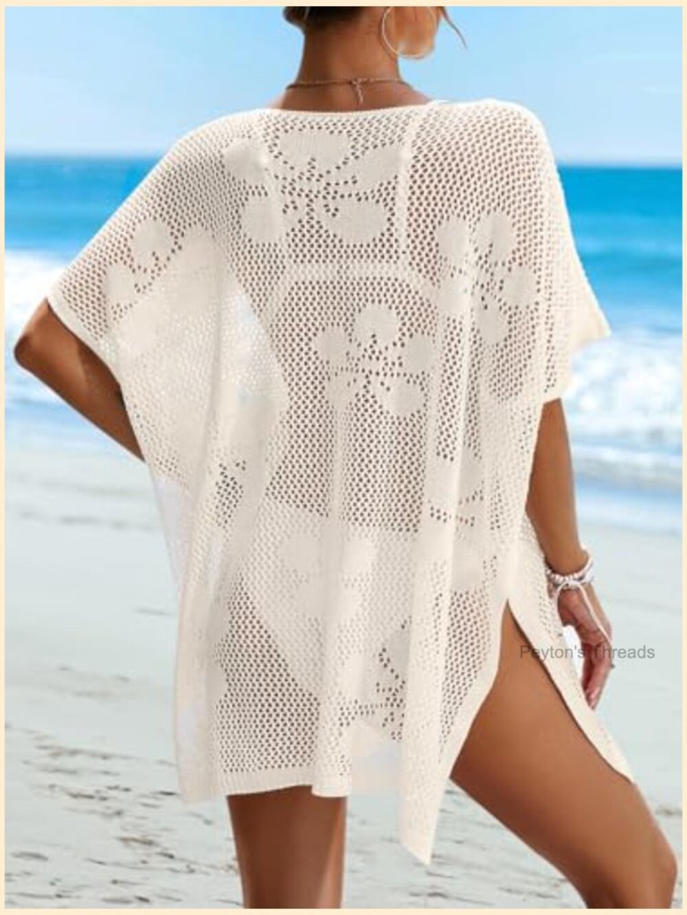 Oversized Crochet Beach Cover Up Mini Dress Cap Sleeve Swimsuit Cover Up - Picture 2 of 7